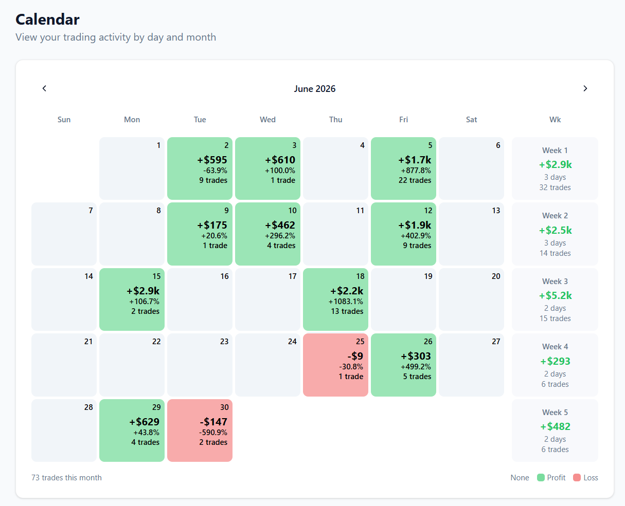 Praxis Calendar — daily and weekly P&L review
